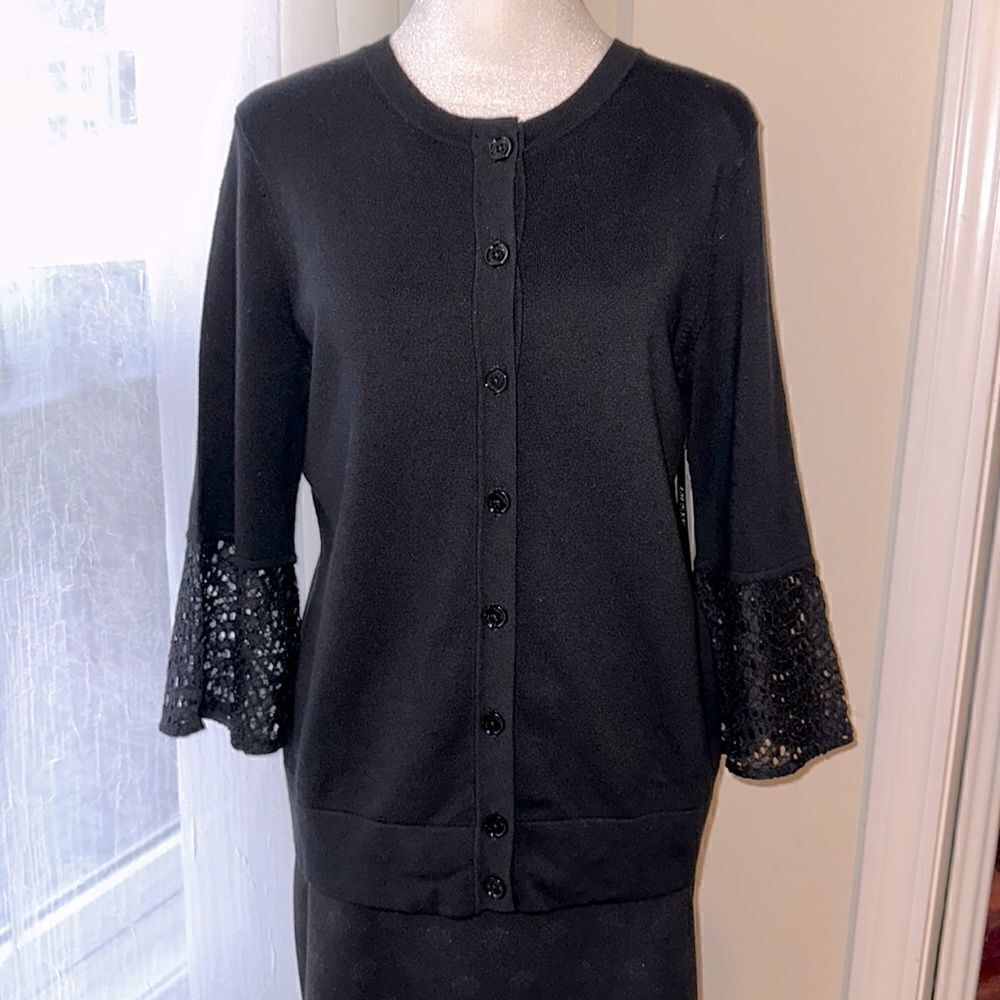 Isaac Mizrahi M Black Lace Bell Sleeve Button Front Knit Cardigan